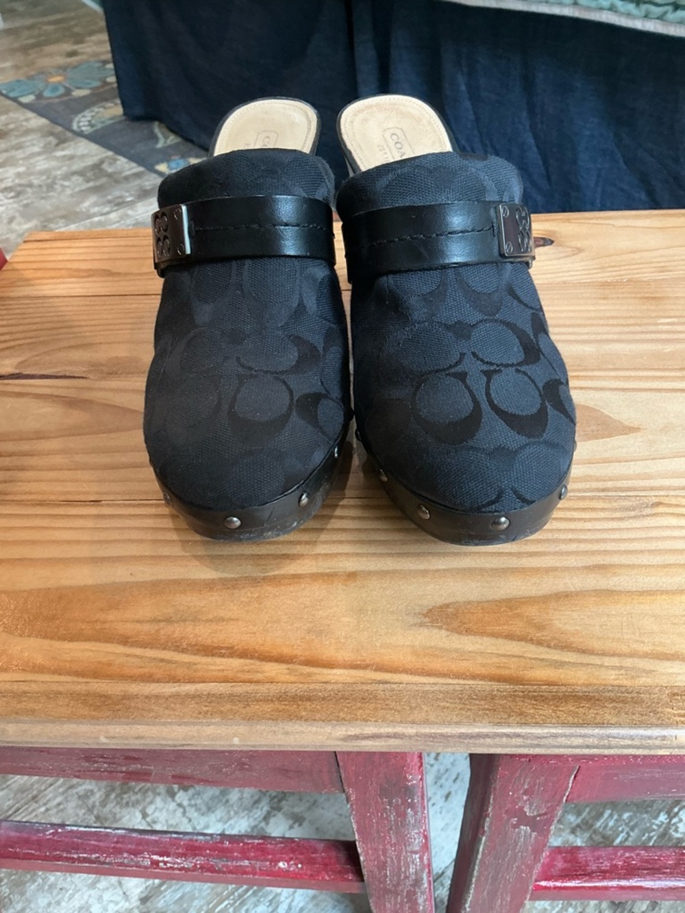Coach Black Signature Jacquard Clogs with Studded Platform